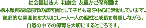 矢板保育園では元気で明るく子どもたちとの楽しいふれあいを大切にしています。できること、がんばること、助け合うこと、感謝することをみんなで一緒に学んでいきましょう。